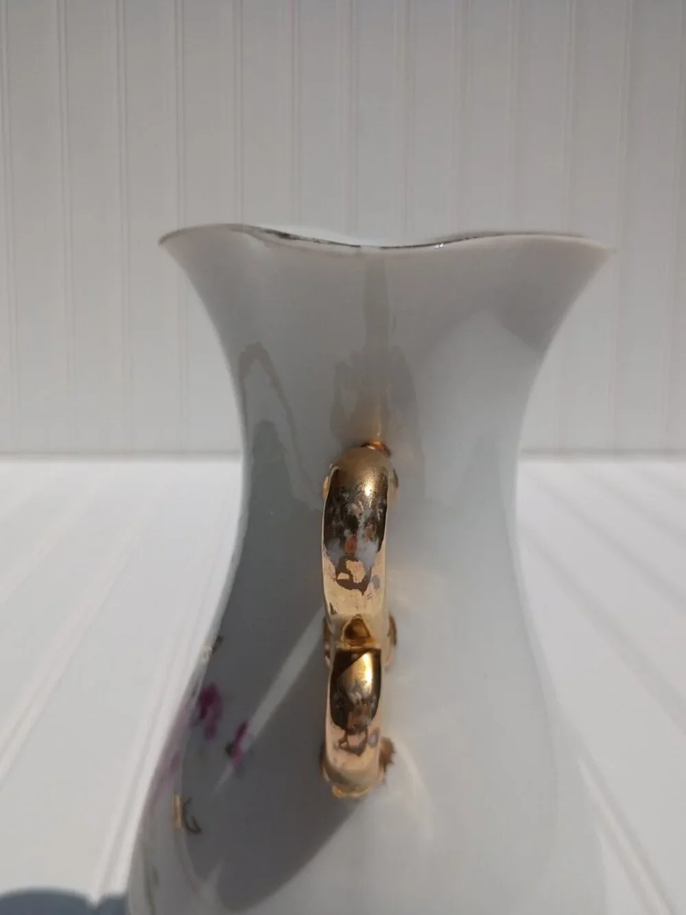 Vintage Japanese Porcelain Vase Pink Rose Floral Gold Trim Scroll Handles 7.25